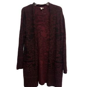 J. Jill Longline Cardigan Sz S Maroon Black Jacquard Pockets Stretch Duster Boho